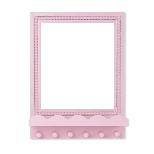 16x12 Inch Wall Mount Beaded Wood Framed Mirror with Shelf and 6 Hooks