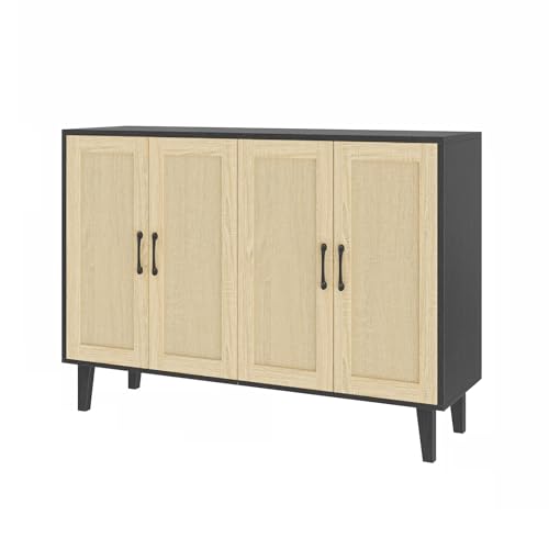 Buffet Storage Cabinet with Rattan Decorating 4 Doors Living Room Kitchen Sideboard 48.43 x 34.65 x 15 inch