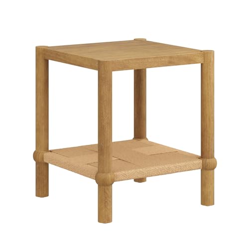 River Modern Coastal Side Table with Solid Wood Legs and Seagrass Storage Shelf