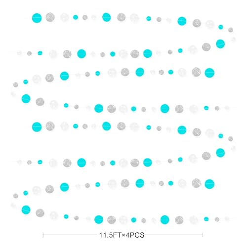 Teal Blue Silver White Party Polka Dot Garland Banner Aqua Turquoise Glitter Silver White Hanging Paper Circle Dots Streamer for Birthday Wedding Bridal Shower Party Decorations Supplies