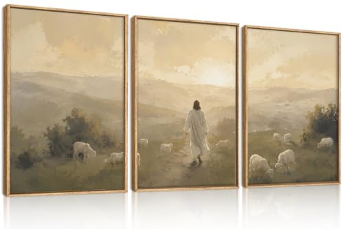 Vintage Jesus Lamb Framed Canvas Wall Art