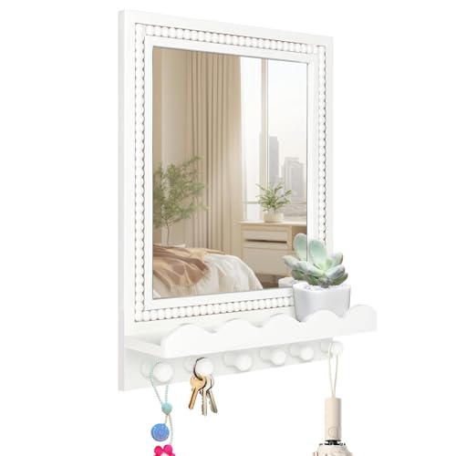 16x12 Inch Wall Mount Beaded Wood Framed Mirror with Shelf and 6 Hooks