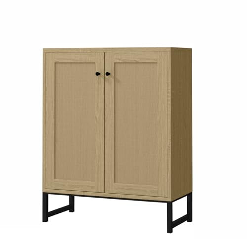 Rattan Decorated 2 Doors Storage Cabinet Accent Cabinet Living Room Cupboard Kitchen Sideboard Buffet Table