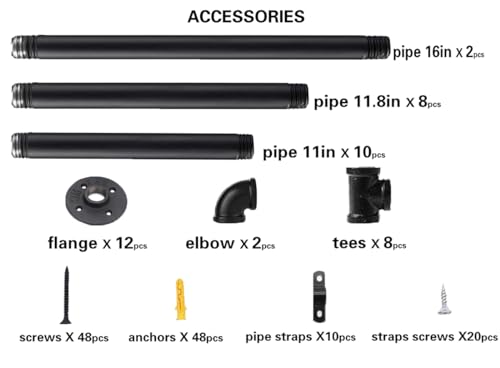 Industrial Wall Mount Iron Pipe Shelf Shelves Shelving Bracket Black Vintage Retro Ceiling Hung Shelf DIY Open Bookshelf Storage for offcie Room Kitchen (151 Count)