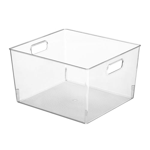 Large Modern Stackable Plastic Storage Organizer Bin Basket with Handles for Bathroom Vanity Organization (4 Count)