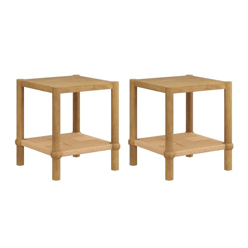 River Modern Coastal Side Table with Solid Wood Legs and Seagrass Storage Shelf (2 Count)