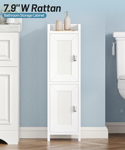 Rattan Small Bathroom Cabinet Narrow Toilet Paper Organizer White