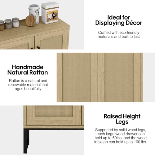 Rattan Decorated 2 Doors Storage Cabinet Accent Cabinet Living Room Cupboard Kitchen Sideboard Buffet Table