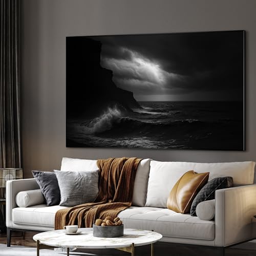 46"x72" Extra Large Framed Wall Art Dramatic Black and White Ocean Waves with Cliff and Stormy Sky for Home Living Room Bedroom Decor