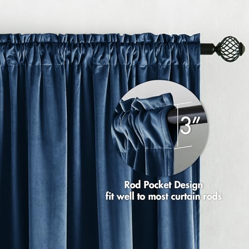 Navy Blue Blackout Velvet Curtains Drapes 96 Inch Long 52"x96" (2 Count)