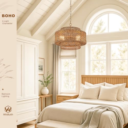 17.7" Gold Rattan Chandelier Light Fixture