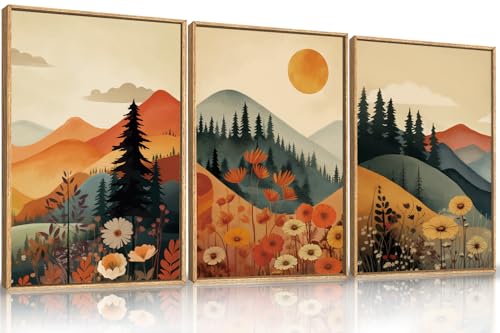 Large Boho Mountain Sunset Framed Canvas Wall Art Set