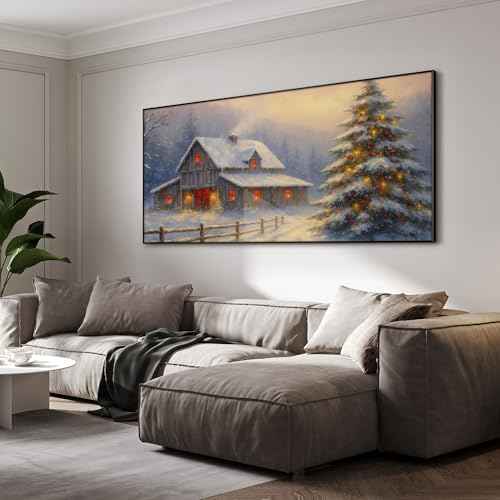 24"x46" Extra Large Framed Wall Art Rustic Winter Cabin with Christmas Tree and Snowy Landscape for Home Living Room Bedroom Decor