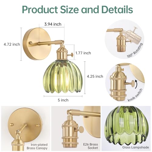 Vintage Wall Sconces Set of 2 with Green Tulip Glass Lampshade 180 Degree Adjustable Brass Sconces Hradwired Modern Wall Lighting Fixture with Switch for Bedside Bedroom Doorway (2 Count)