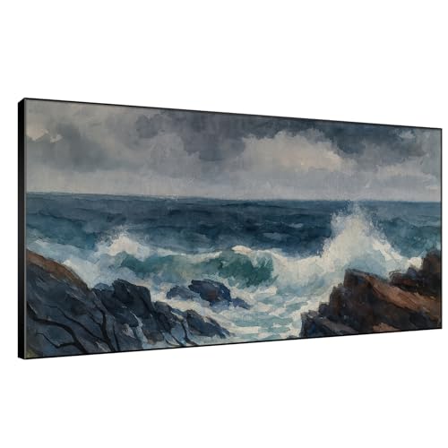 24"x46" Extra Large Framed Wall Art Rocky Seashore with Crashing Waves and Moody Sky for Home Living Room Bedroom Decor