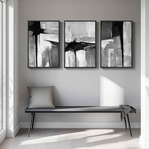 Large Framed Black and White Gray Abstract Wall Art Set (3 Count)