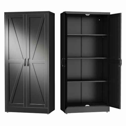 63" Tall Metal Storage Cabinet Black Cupboard Kitchen Pantry Cabinet
