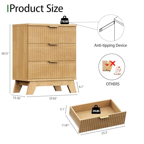 Fluted Dresser for Bedroom with 3 Drawers