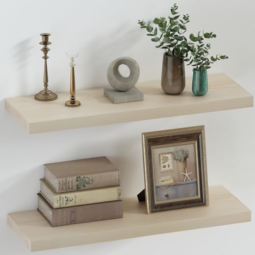 Floating Shelves 8 Inch Deep Solid Wood Wide Wall Shelf Set of 2 Wall Mounted for Bedroom Bathroom Living Room Kitchen (2 Count)