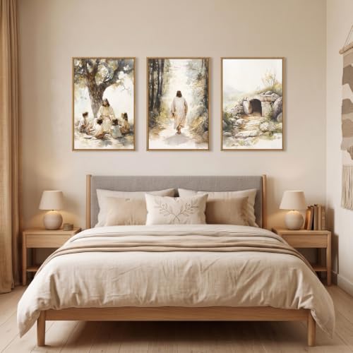 Large Jesus Teaching Children on Path Framed Canvas Wall Art (3 Count)