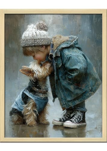 Cute Child Wall Art Prints Handsome Little Boy And Puppy Poster Canvas Art Wall Decor Picture For Bedroom Baby Room Bathroom Wall Decor Aesthetic Home Artwork 8" × 10" With Framed