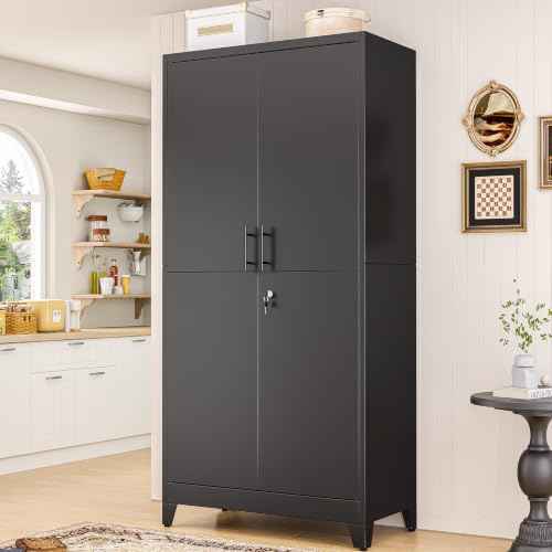 Metal Kitchen Pantry Storage Cabinet with Lock Doors and Shelves