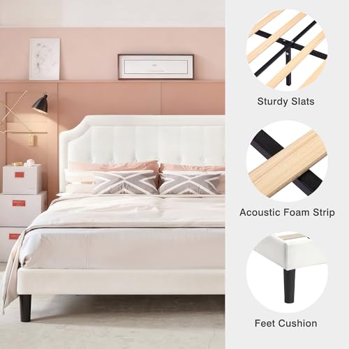 Queen Size Bed Frame with Velvet Upholstered Headboard