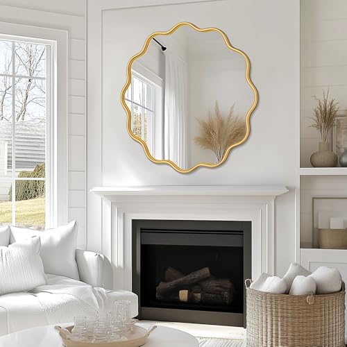 Gold Round Mirror 36 Inch Wavy Bathroom Vanity Mirror Gold Frame Modern Wall Mirror Decorative Wall