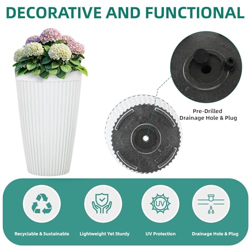 Autodaya 20" Tall Fluted Resin Planters Set of 2 with Drainage Holes (2 Count)