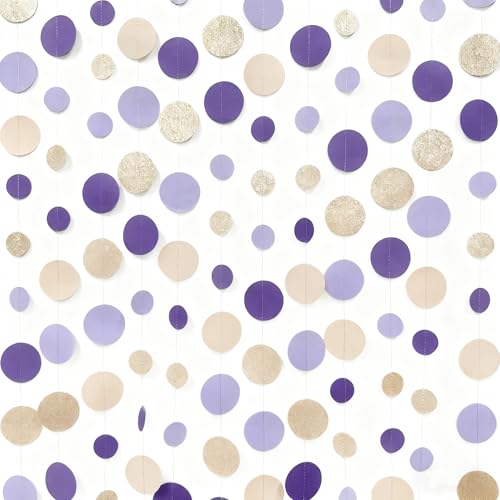 Champagne Gold Purple Cream Nude Polka Dots Garland Lavender Hanging Paper Circle Dot Streamer for Birthday Wedding Shower Engagement Bridal Shower Lilac Violet Theme Party Decorations Supplies