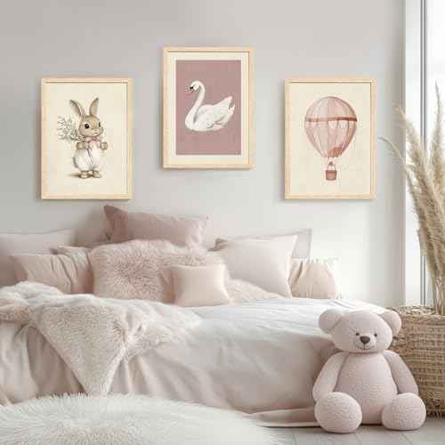 Wood Framed Pink Cute Bunny Nursery Wall Art Set of 3 (3 Count)