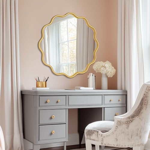 Gold Round Mirror 30 Inch Wavy Bathroom Vanity Mirror Gold Frame Modern Wall Mirror Decorative Wall