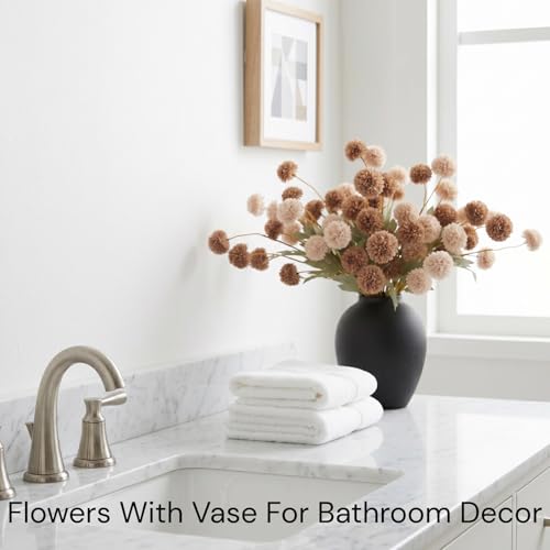 12 Stems Fake Mum Flowers with Black Vase for Home Decor (12 Count)