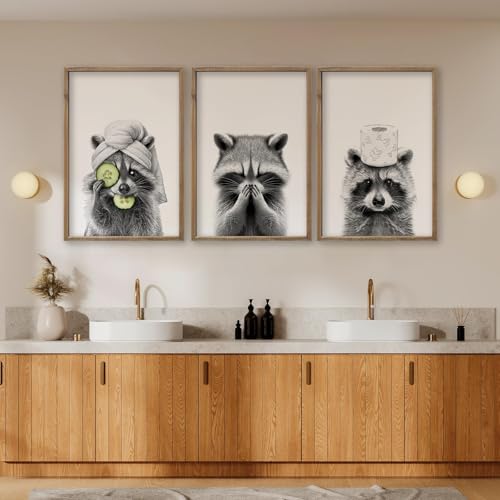 Raccoon Bathroom Wall Decor Art 16x11 Inch Set of 3 Wood