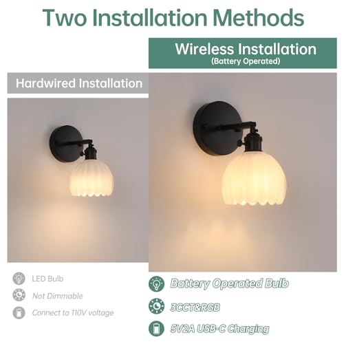 Vintage Battery Operated Wall Sconce with White Tulip Glass Lampshade Rechargeable Battery Powered Black Wall Light with Remote Control for Bedside Bedroom Doorway (2 Count)