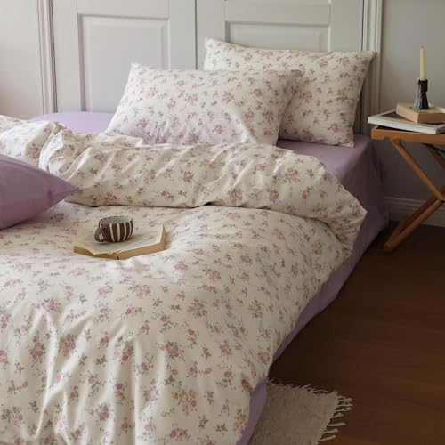 Vintage Floral Comforter Set King 3 Pieces Boho Floral Bedding Comforter Fluffy Soft Botanical Flowers Comforter with 2 Pillowcases Cottagecore Bedding Set Pink Purple Flowers King Comforter Set (3 Piece Set)