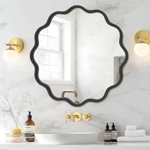 Black Round Mirror 24 Inch Wavy Bathroom Vanity Mirror Black Frame Modern Wall Mirror Decorative Wall