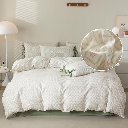 Botanical Pink Flower Comforter Set with Plaid Grid Prints Aesthetic Floral Comforter Set King Size Vintage Country Style Coquette Bedding Comforter King with 2 Bow Tie Pillowcases All Season (3 Piece Set)