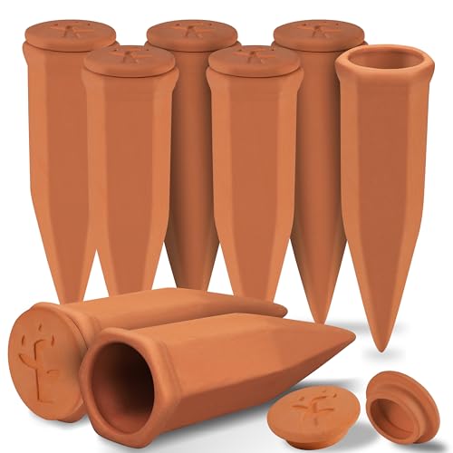 Large Terracotta Watering Spikes with Lids (8 Count)