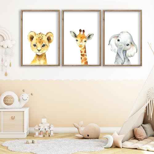 Baby Safari Nursery Wall Art Decor 11x16 Inch Set of 3 Wood Framed