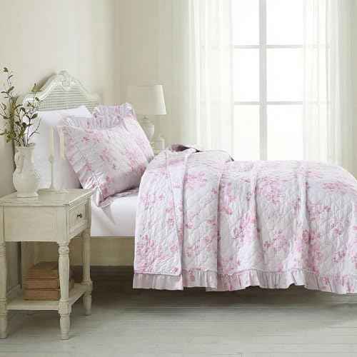 Pink Ruffled Quilt Queen Size with 2 Pillow Shams