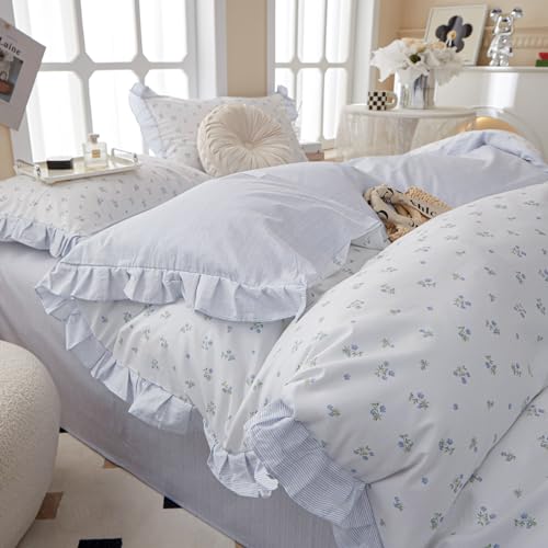 Reversible Ruffle Comforter Set Full Size Vintage Botanical Floral Bedding Comforter with 2 Pillowcases Boho Blue Floral Comforter Girls Flowers Coquette Bedding Set Fluffy Farmhouse Bed Comforter Set