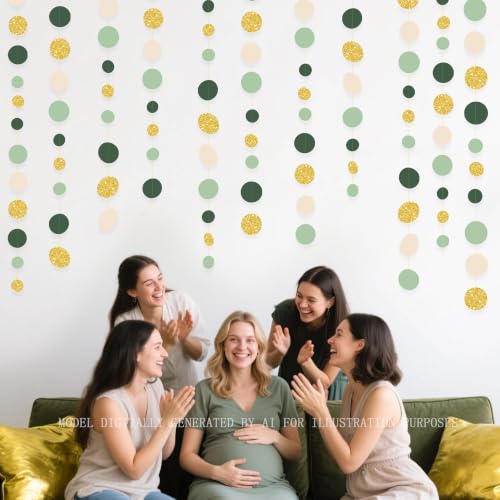 Sage Green Gold Beige Party Polka Dot Garlands Oilve Green Glitter Gold Hanging Paper Circle Dots Streamer for Birthday Wedding Shower Engagement Retirement Boho Safari Party Decorations Supplies