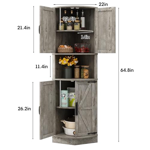 64.8" Tall Farmhouse Corner Cabinet with 4 Doors and 5 Storage Shelves