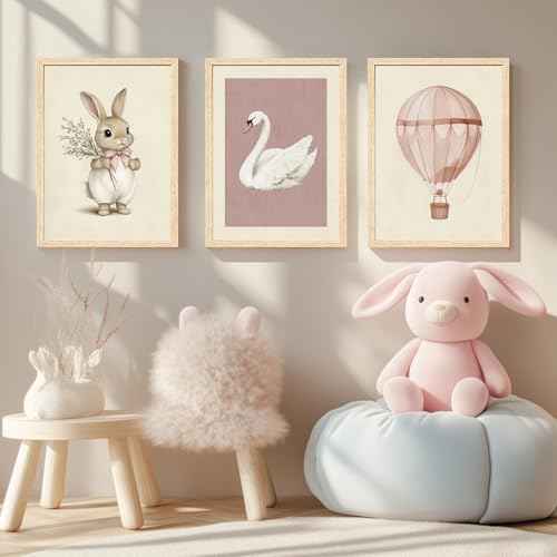 Wood Framed Pink Cute Bunny Nursery Wall Art Set of 3 (3 Count)