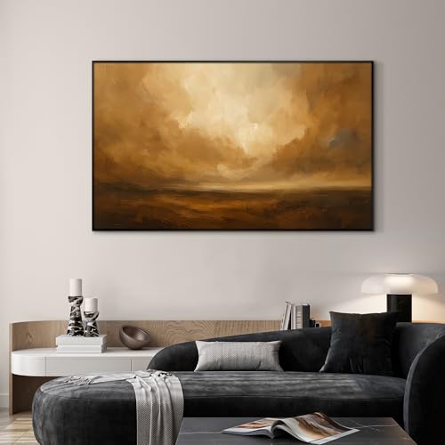 36"x60" Extra Large Framed Wall Art Golden Horizon Abstract Landscape Warm Brown and Amber Sky Illustration for Home Living Room Bedroom Decor