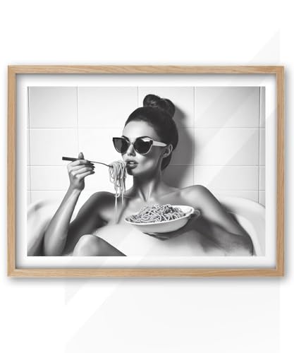 12x16in Natural OAK Wood Framed Woman Eating Pasta Wall Art
