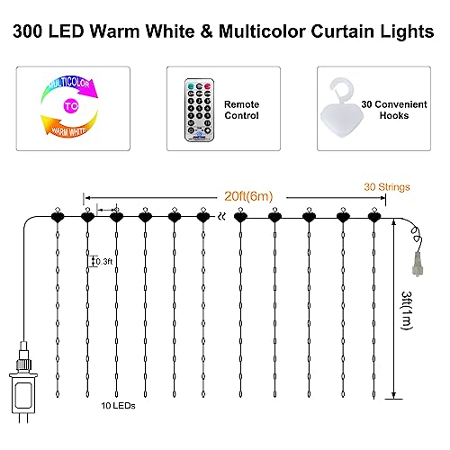 20Ftx3Ft Curtain Lights Outdoor LED Fence Lights with Remote Timer (300 Count)