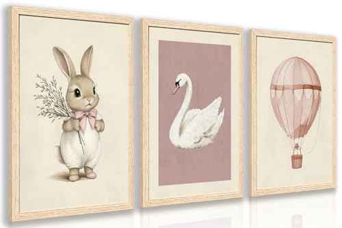 Wood Framed Pink Cute Bunny Nursery Wall Art Set of 3 (3 Count)