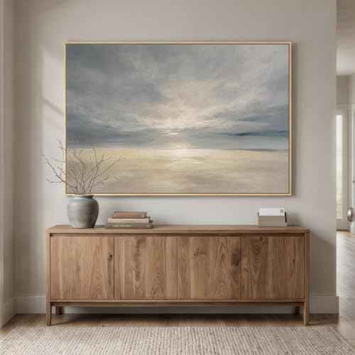 Extra Large Framed Beige Blue Coastal Abstract Wall Art